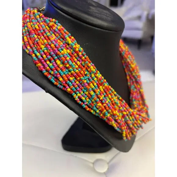 Vintage Rainbow Beaded Torsade Necklace Multi-Strand Statement Y2K - Picture 3 of 8